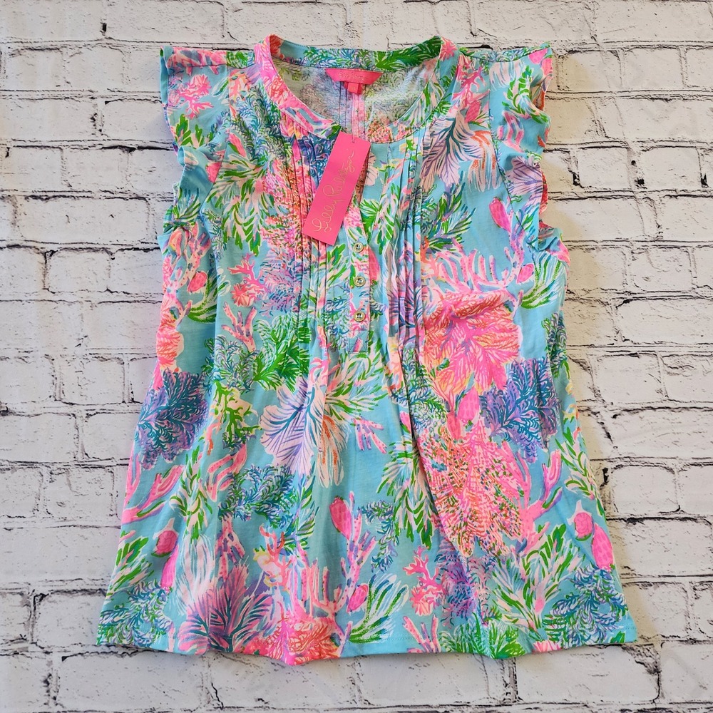 Lilly Pulitzer Golda Top Celestial Blue Cay To My Heart Cotton Ruffle XS 010691